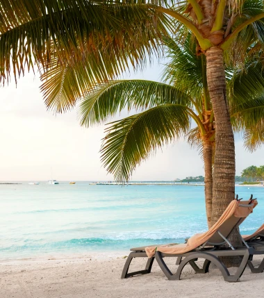 Two empty lounge chairs sit beneath a palm tree on a serene beach, overlooking calm turquoise waters, under a partly cloudy sky.