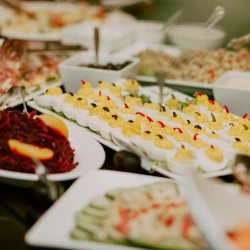 food arranged on a table for a corporate retreat