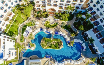 aerial view of the pool and resort buildings at pueblo bonito los cabos