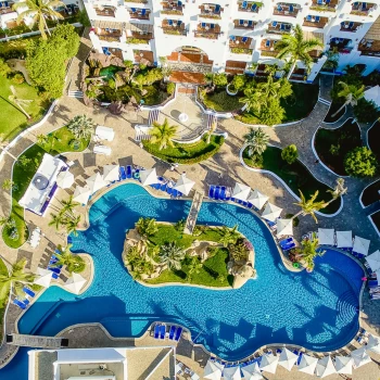 aerial view of the pool and resort buildings at pueblo bonito los cabos