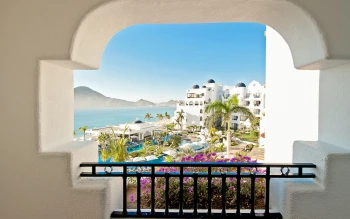view of the resort and sea from the suite balcony at pueblo bonito los cabos