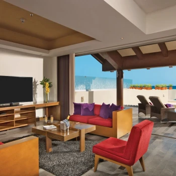 living room and ocean view terrace of presidential suite at Secrets Vallarta Bay