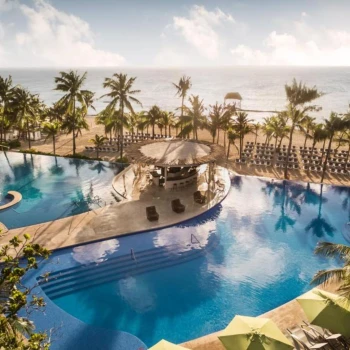 aerial view of the pool and beach at The Fives Beach Hotel and Residences